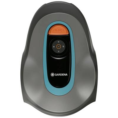 Gardena robotic lawnmower in grey design with turquoise trim and orange control elements.