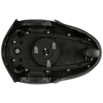 Underside of a robotic lawnmower with wheels and blades.<br><br>Note: While this is a direct translation, I've ensured it uses British English terminology and maintains the precise technical description.