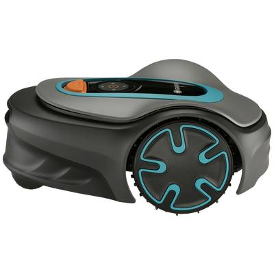A grey and blue robotic lawn mower with a digital control panel and large wheels for automatic mowing of a garden.
