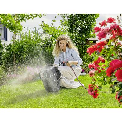 A woman with long hair is rinsing a dripping lawnmower on a green lawn, surrounded by blooming roses and other plants.