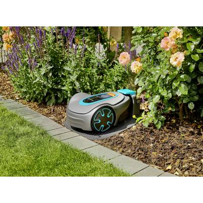 A robotic lawnmower is cutting grass next to a flower bed with colourful roses and lavender, surrounded by a garden border.
