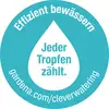 'Efficiently water. Every drop counts. gardena.com/cleverwatering' in a blue circle with a water droplet symbol.