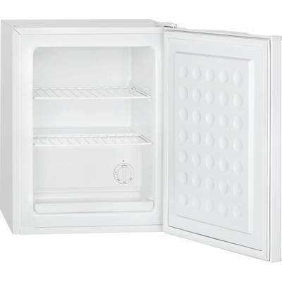 Small, white, open fridge with two empty wire shelves and an adjustable temperature display inside.