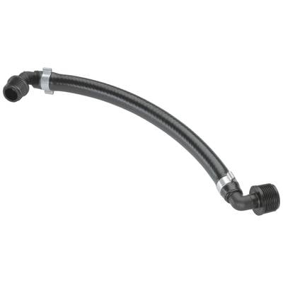 Black flexible L-shaped hose with two connections, suitable for plumbing or machinery applications.