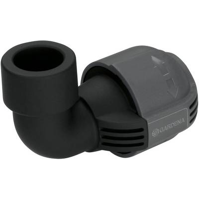 Black plastic angle connector with an arrow indicating flow direction. Labelled 'Gardena', showing an irrigation connection component.