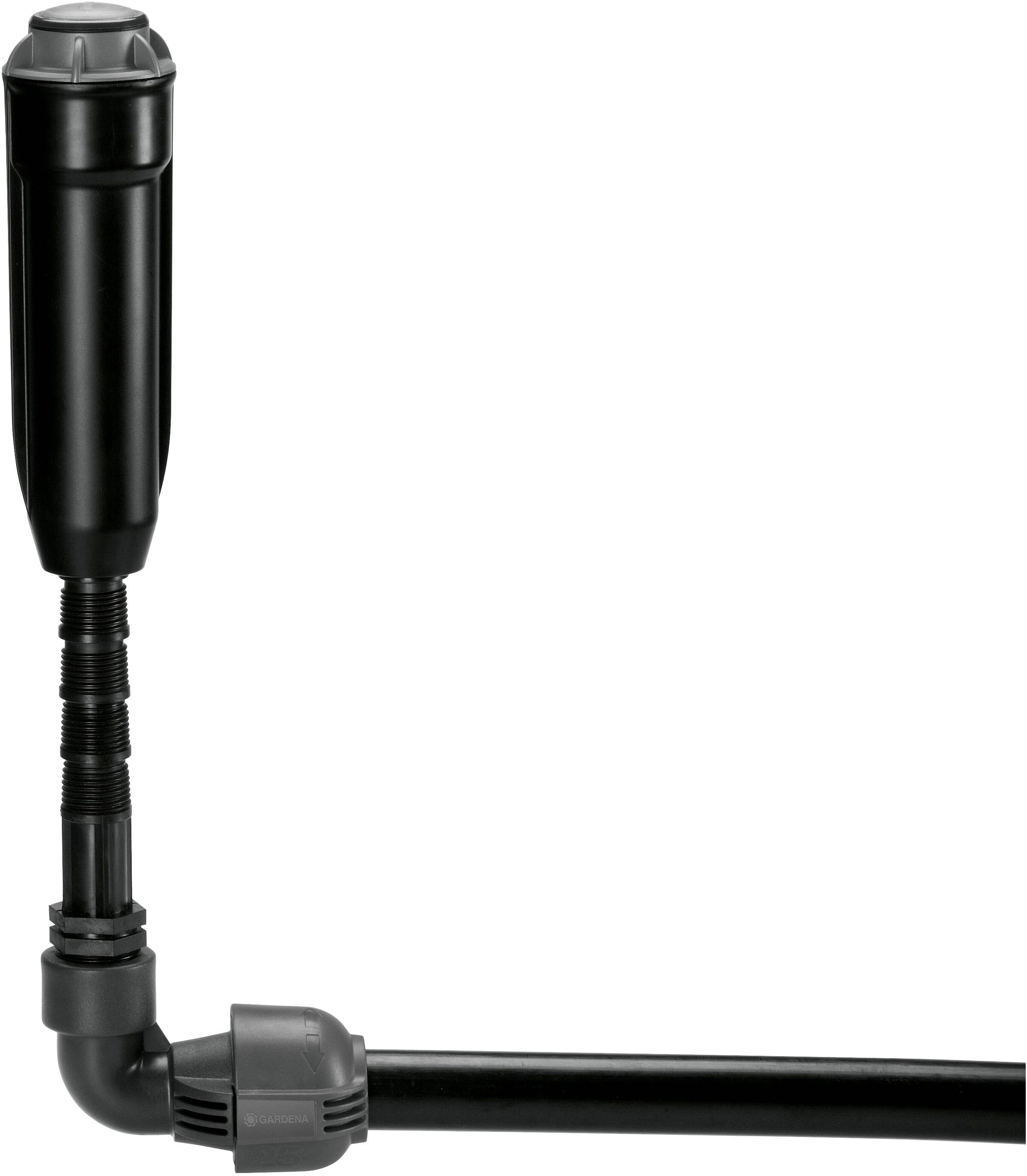 A black, L-shaped pipe system with multiple connections, which is presumably part of an irrigation or piping system.