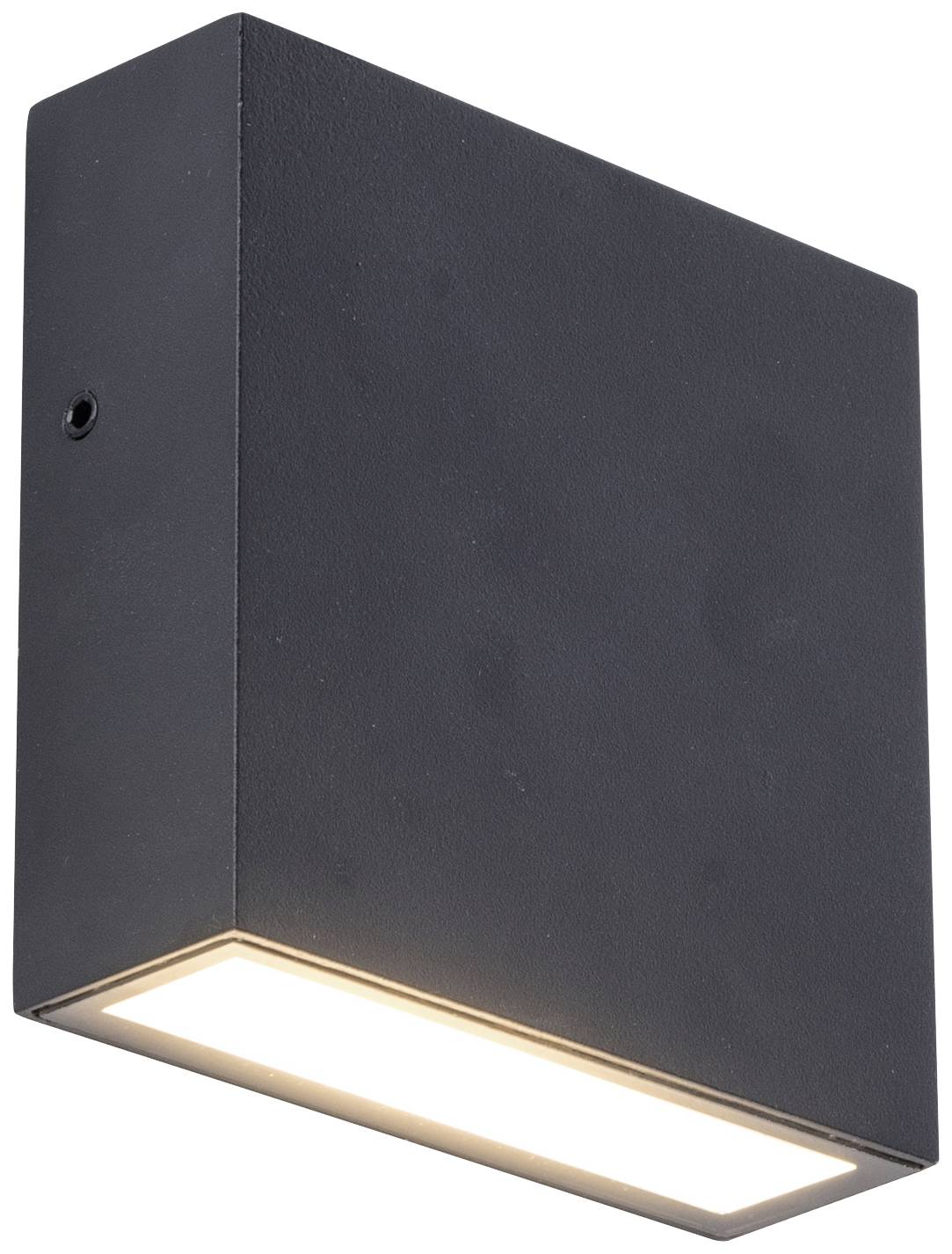 Black, square outdoor light with downward-facing illumination, suitable for modern building facades.