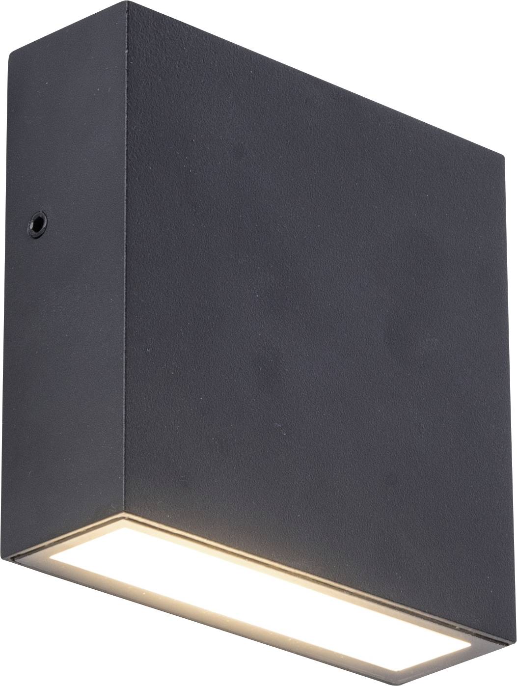 Black, rectangular wall light with downward-facing illumination. Ideal for contemporary interior or exterior lighting.