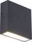 Black, rectangular wall light with downward-facing illumination. Ideal for contemporary interior or exterior lighting.