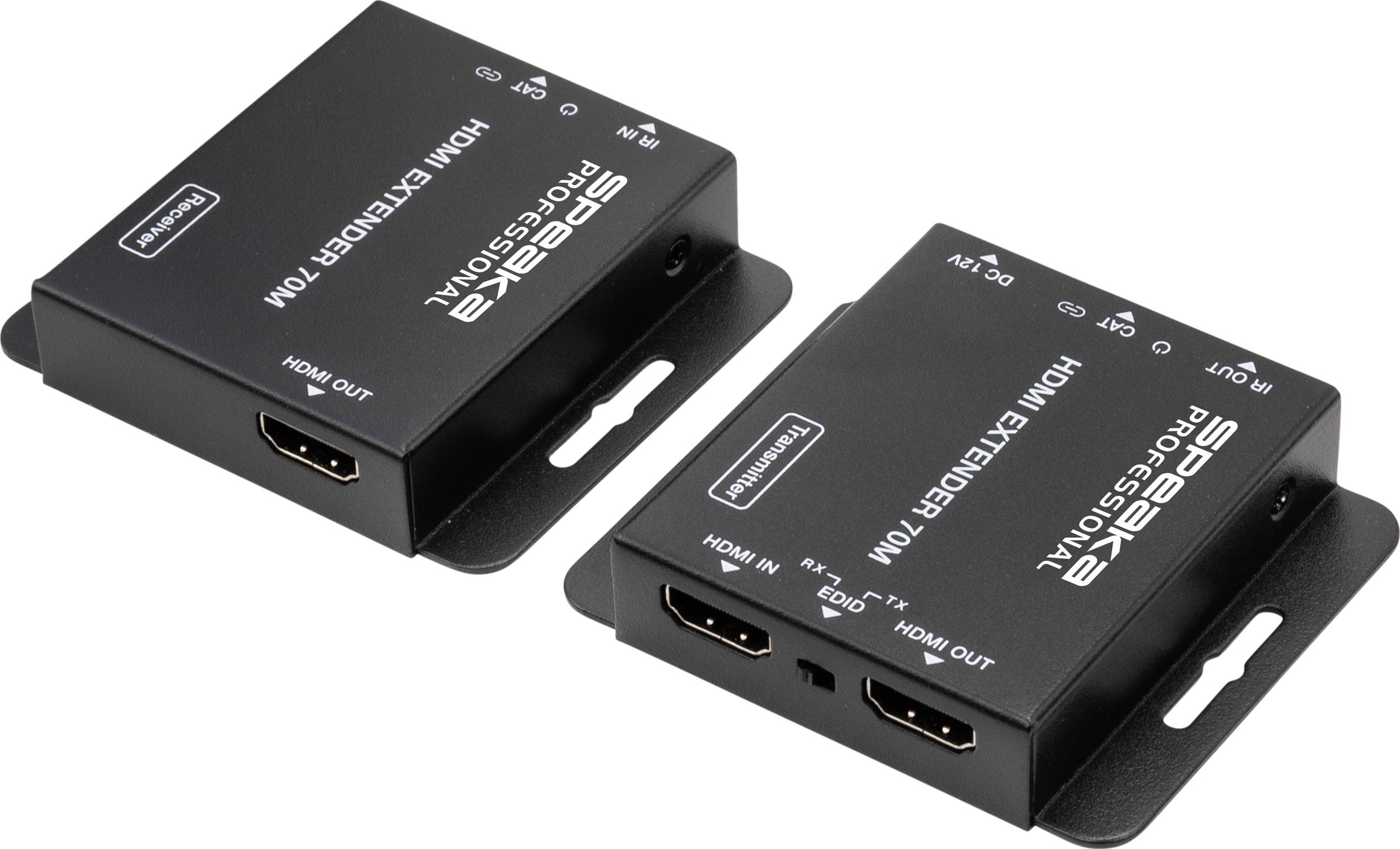 Two black HDMI extenders with the inscription 'SpeaKa Professional' and multiple ports for connecting HDMI cables.