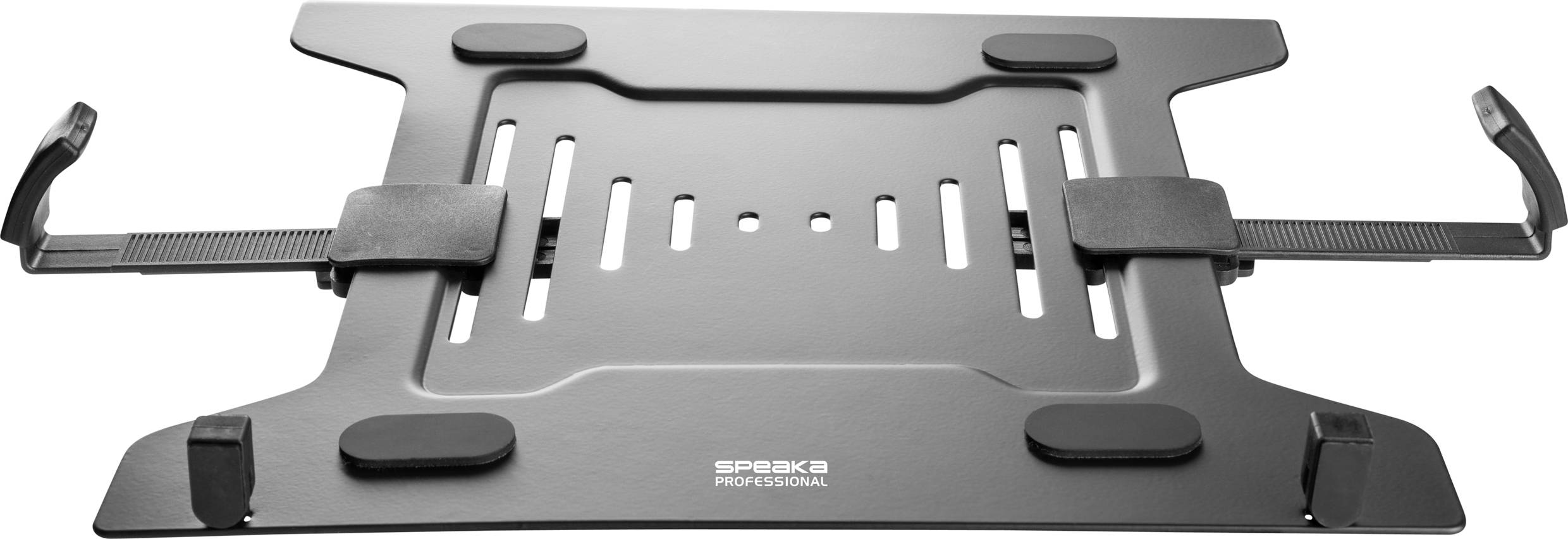 Laptop stand made of black metal with adjustable brackets and non-slip rubber pads, designed for stabilisation and cooling.