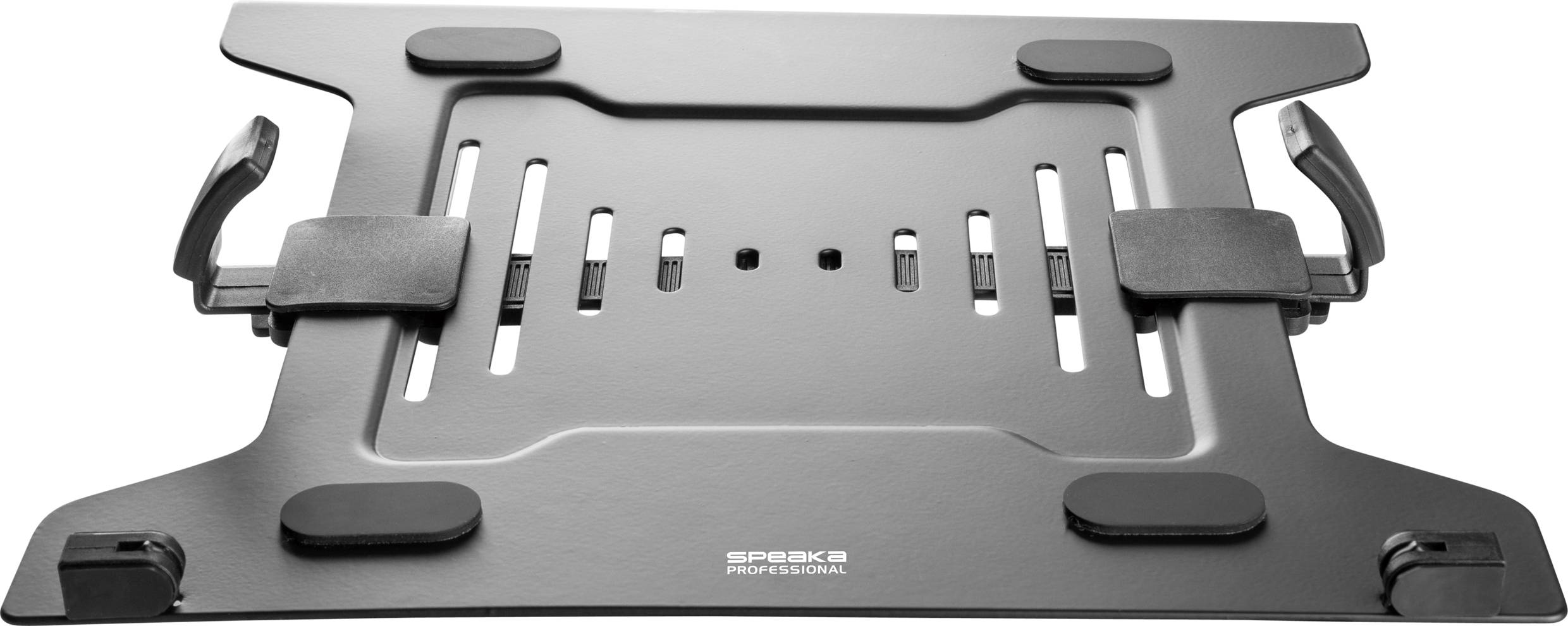 Metal laptop stand, black, with adjustable brackets and non-slip rubber feet for secure laptop mounting.