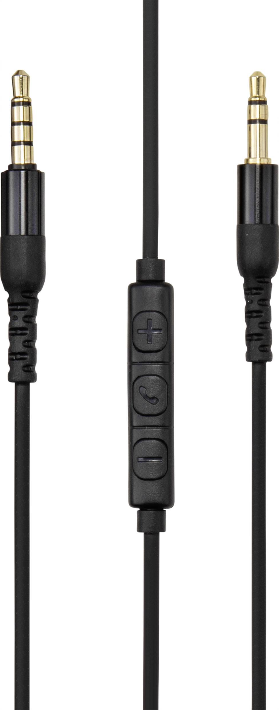 A black audio cable with two golden 3.5 mm jack plugs and a remote control with three buttons: Volume Up, Volume Down, and Play/Pause in the centre.