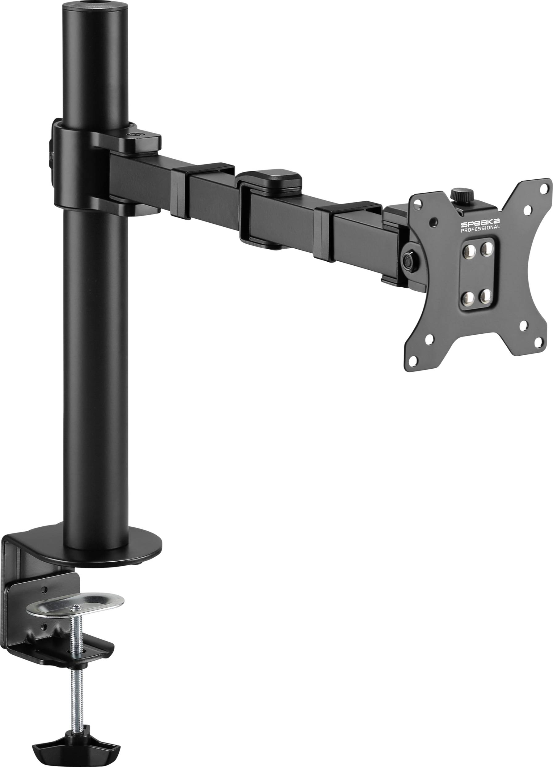 A black, adjustable monitor arm with a desk clamp, suitable for VESA-compatible monitors.
