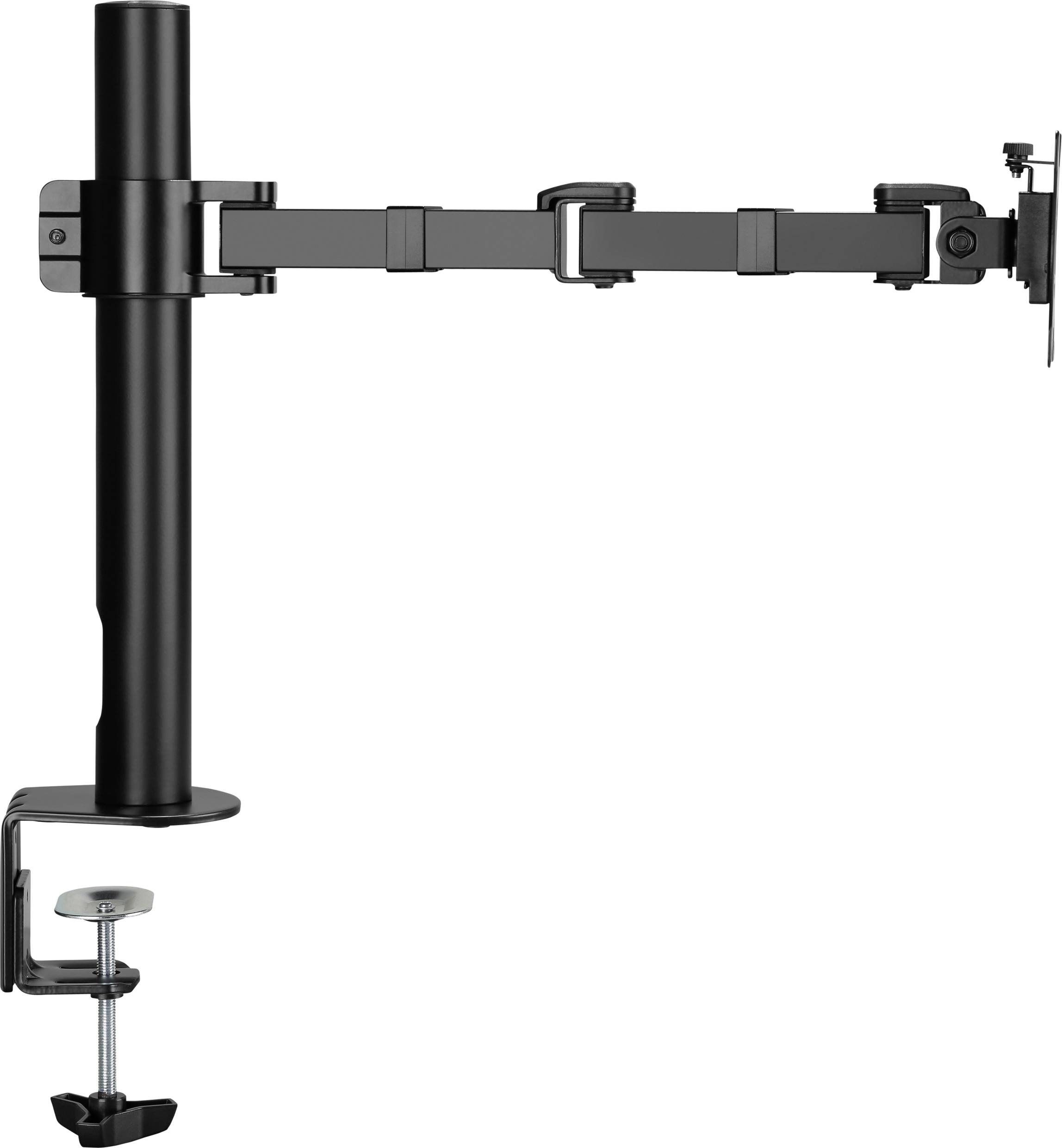 A black monitor arm with a desk clamp, enabling adjustment of height and tilt for ergonomic screen positioning.