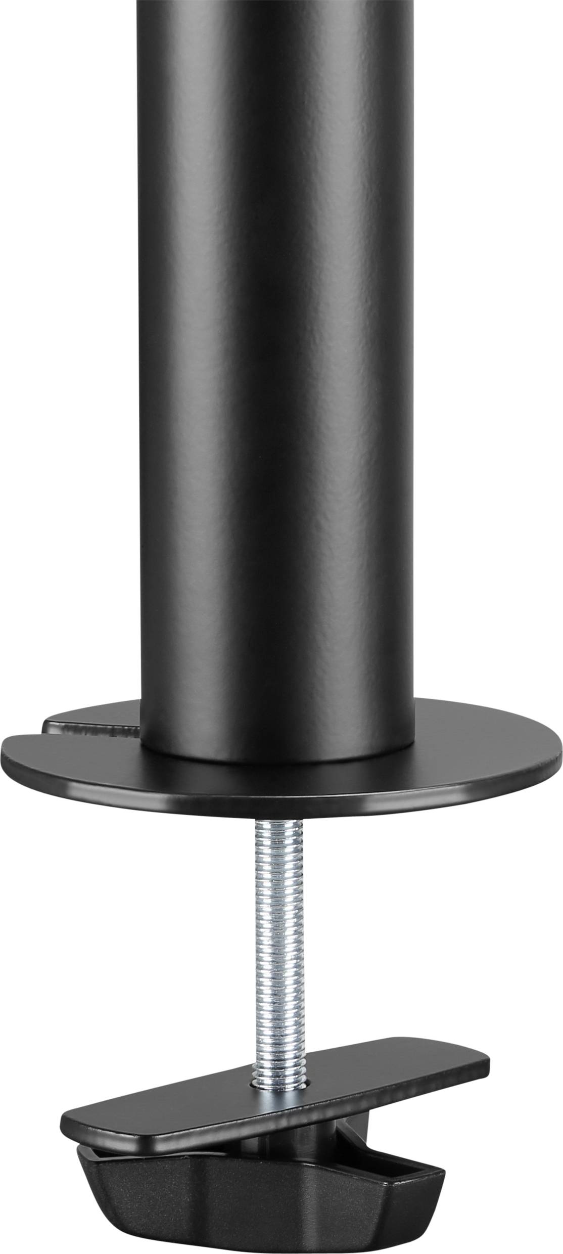 A black table clamp used for securing a vertical pipe shows a metal bolt and a clamping plate.