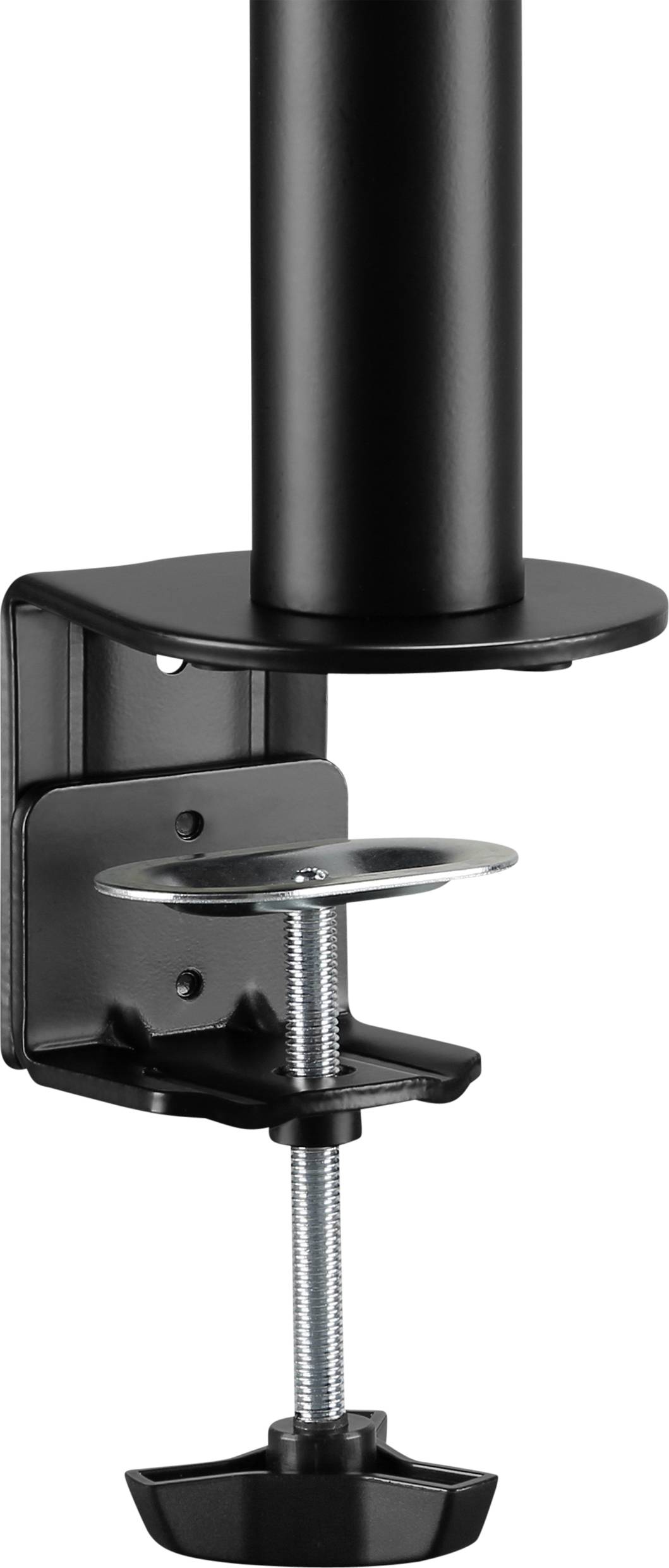 A black metal table mount with a clamp for attaching to a tabletop, suitable for monitors or other devices.