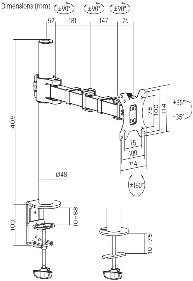 Technical drawing of a monitor swing arm. Dimensions and tilt angles of the mounting bracket are detailed.