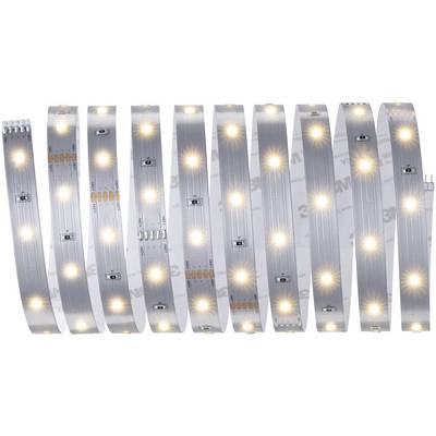 Several LED light strips side by side, glowing with warm white light on a reflective surface.