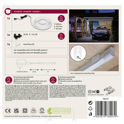 LED light strip set with accessories for outdoor use, IP65, including 18V power supply, mounting brackets, not compatible with YourLED systems.