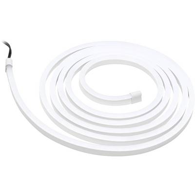 White, spiral-shaped neon light strip with black cable. It lies flat on a surface.