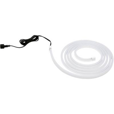 A white LED light strip with a black cable, coiled in a circular shape.