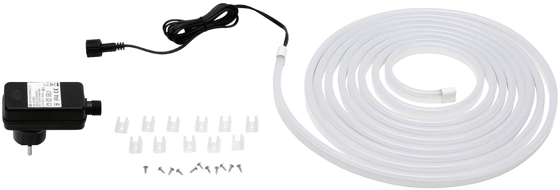 LED light hose set with power supply, multiple mounting brackets and screws, ready for installation.