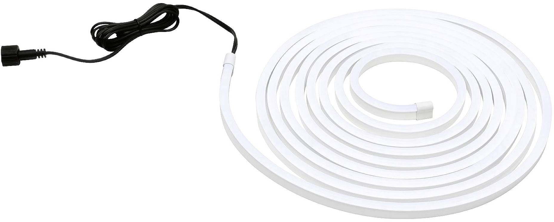A rolled-up LED light strip with a black power cable is lying on a white surface.