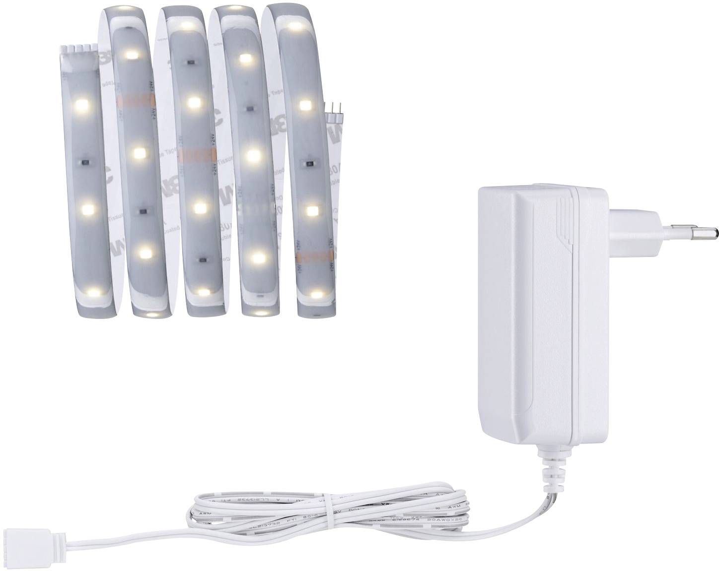 A set of LED light strips with a white power adapter and cable.