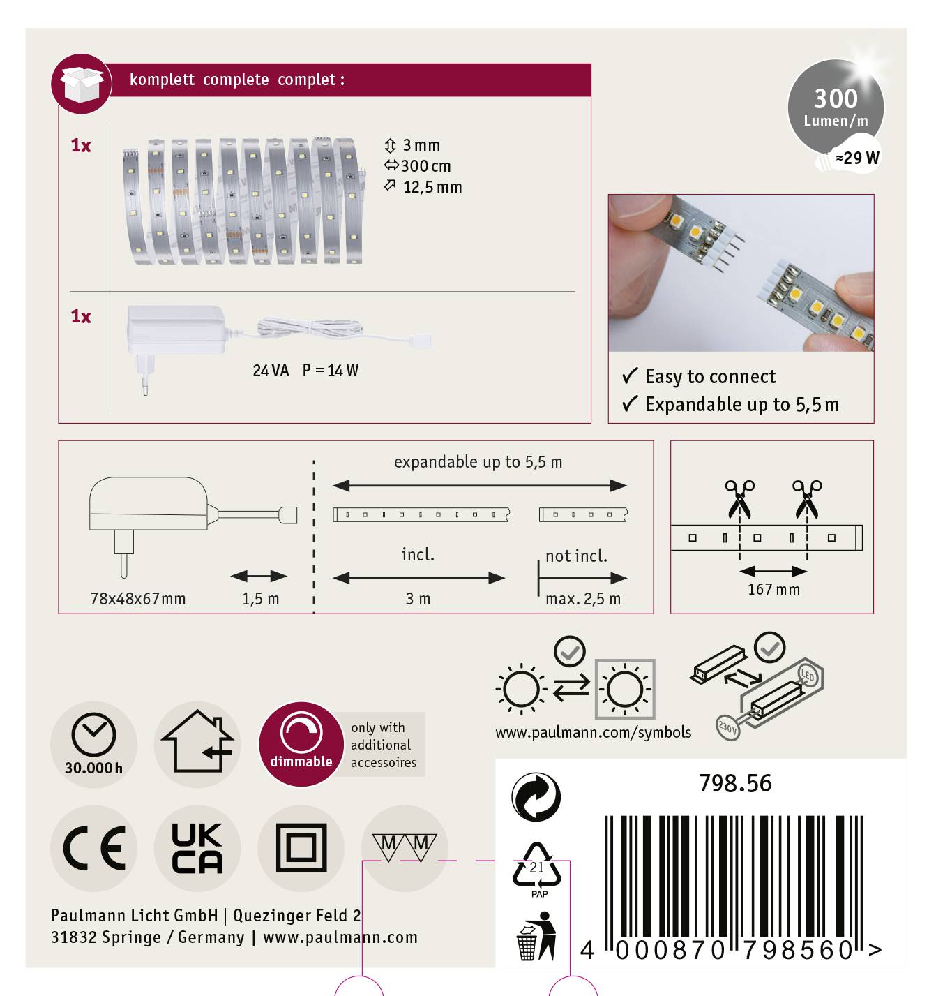LED light set with plug connectors, suitable for lengths up to 5.5 m. Includes transformer, energy efficiency of 300 lumens/watt, dimmable, easy to install.