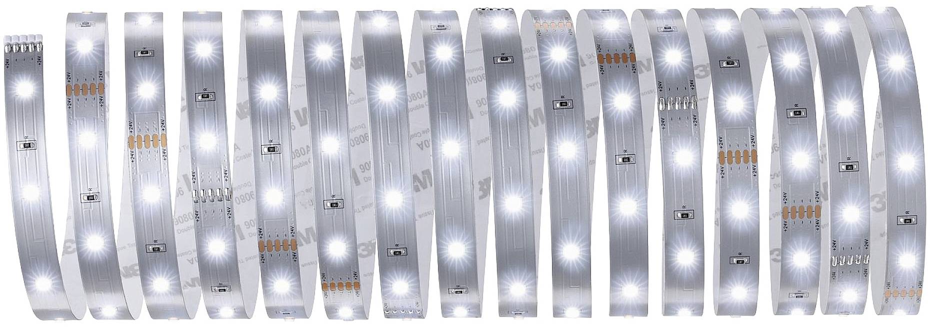 White LED light strips arranged at regular intervals, shining brightly. Ideal for decoration or lighting.