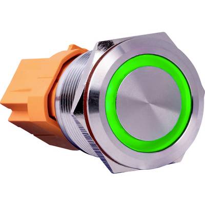 Round, metal switch with a green illuminated edge and an orange plastic housing, typical use: industrial control systems.