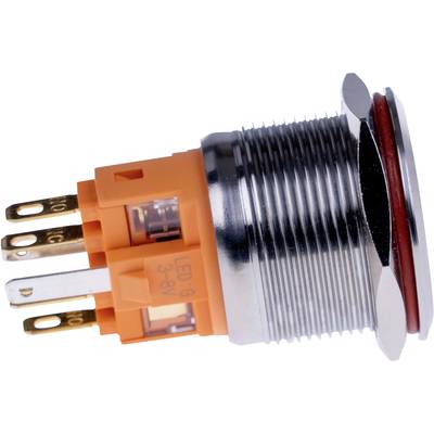 An orange button with a metal screw thread and multiple connecting pins, likely for electrical connection.