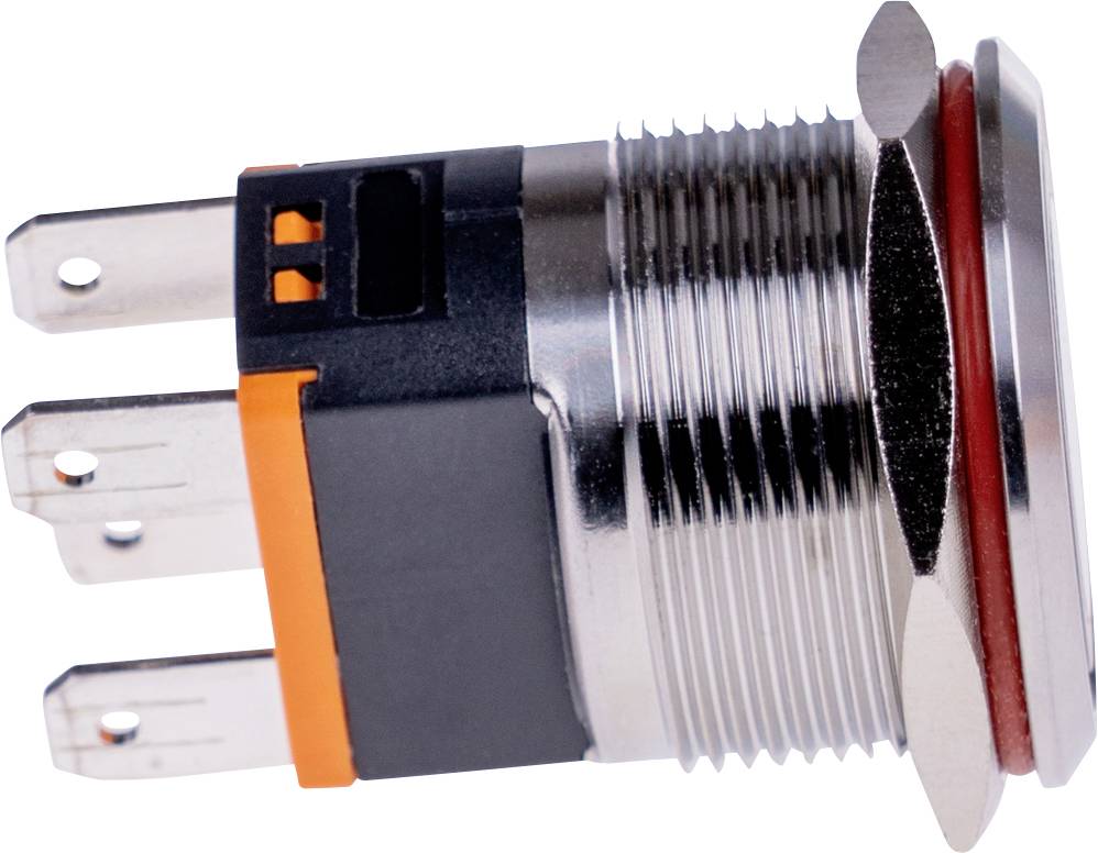 Metal switch with three connection pins and sealing ring. Primarily used in electronic devices for control purposes.