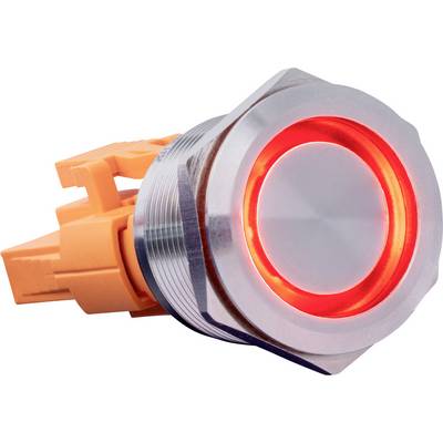 Red, illuminated metal button on an orange base.
