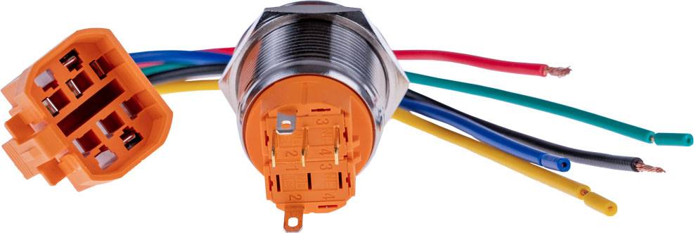 Wiring loom connector with multiple coloured wires protruding from a metallic cylinder, crucial for electrical connections.