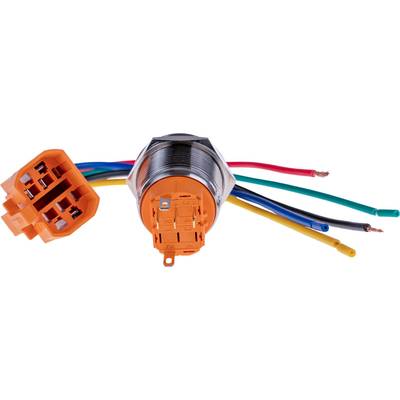 Wiring loom connector with multiple coloured wires protruding from a metallic cylinder, crucial for electrical connections.