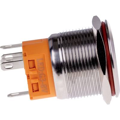 A round metal push button with a bright orange plastic housing and three connection pins. Suitable for electronic circuits.