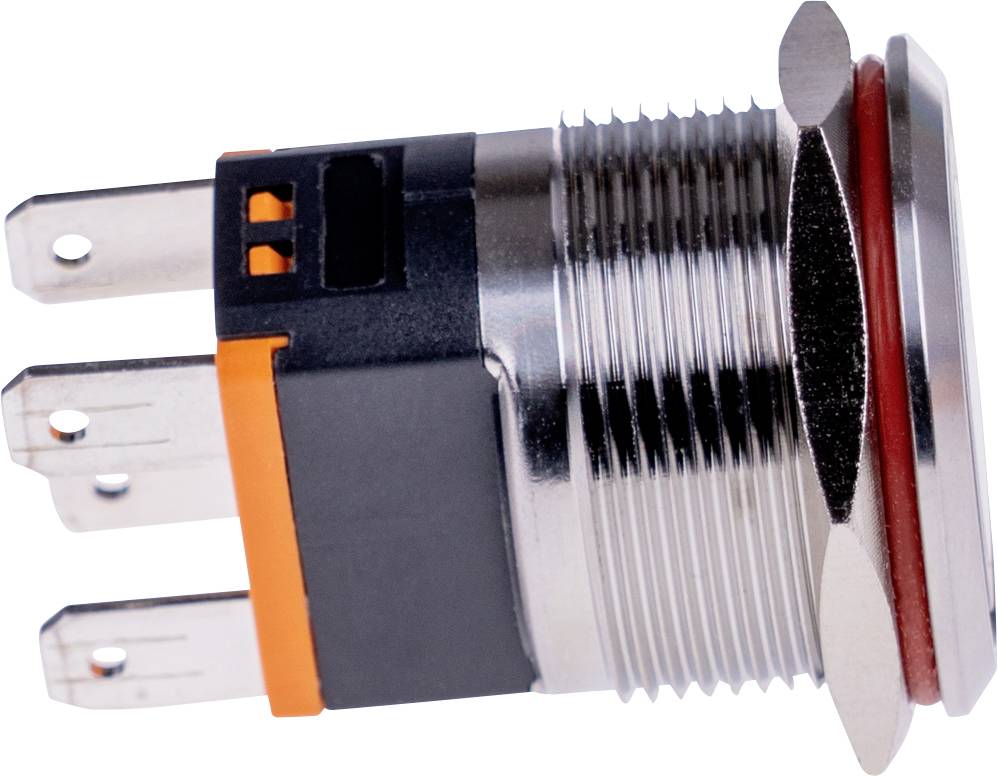 Metallic push-button switch, side view, showing three terminals and an orange-grey base with a serrated fixing nut.