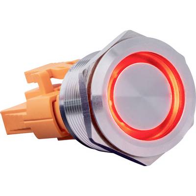 A metallic switch with a red illuminated ring. The switch has an orange plastic connector.