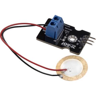 'Joy-It' Piezo Sensor Module with connection terminals and cables for detecting vibrations or pressure, suitable for Arduino applications.