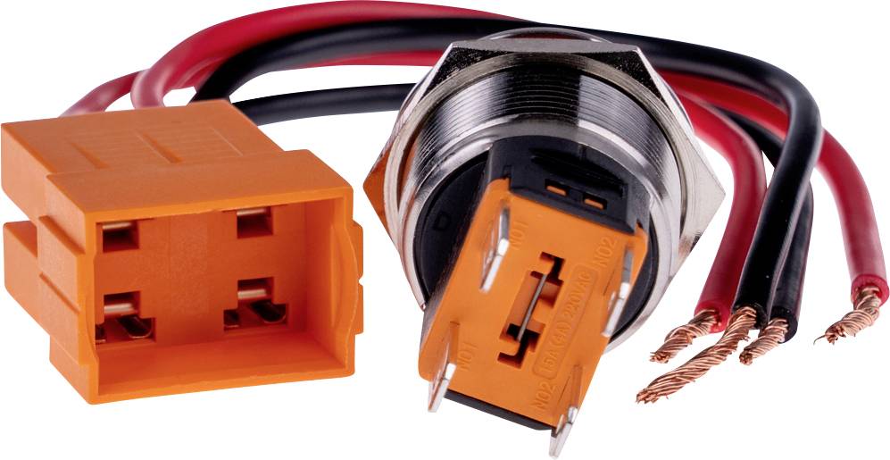 An orange plug next to a metal switch with red and black cables, with copper cable ends showing.