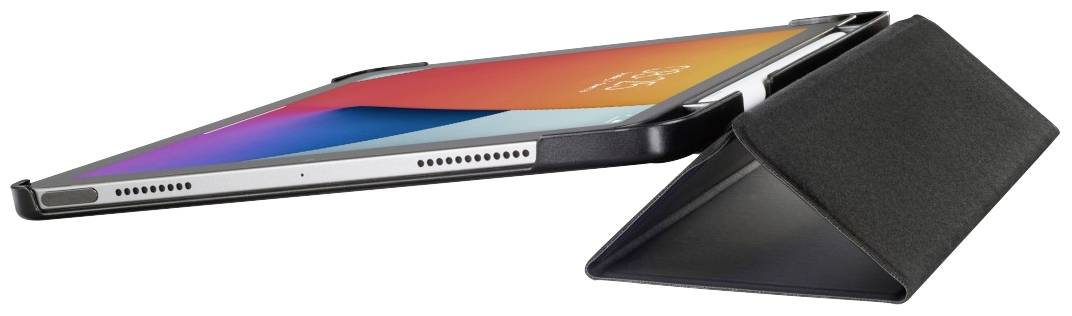 A tablet in a black, triangularly folded protective cover that serves as a stand. The screen displays colourful graphics.