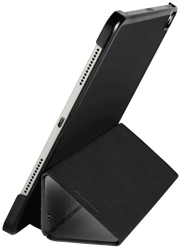 A tablet in a black protective case is sitting on a table. The case is folded as a stand, revealing the speakers and charging port.