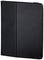 Black leather-look tablet case, closed, standing upright.