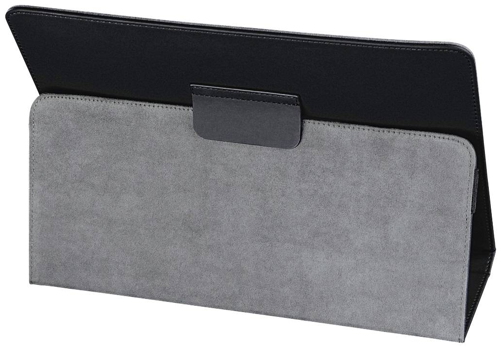 Tablet case made of grey felt and black leather, in a stand position, showing the back with a magnetic closure.