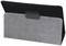Tablet case made of grey felt and black leather, in a stand position, showing the back with a magnetic closure.
