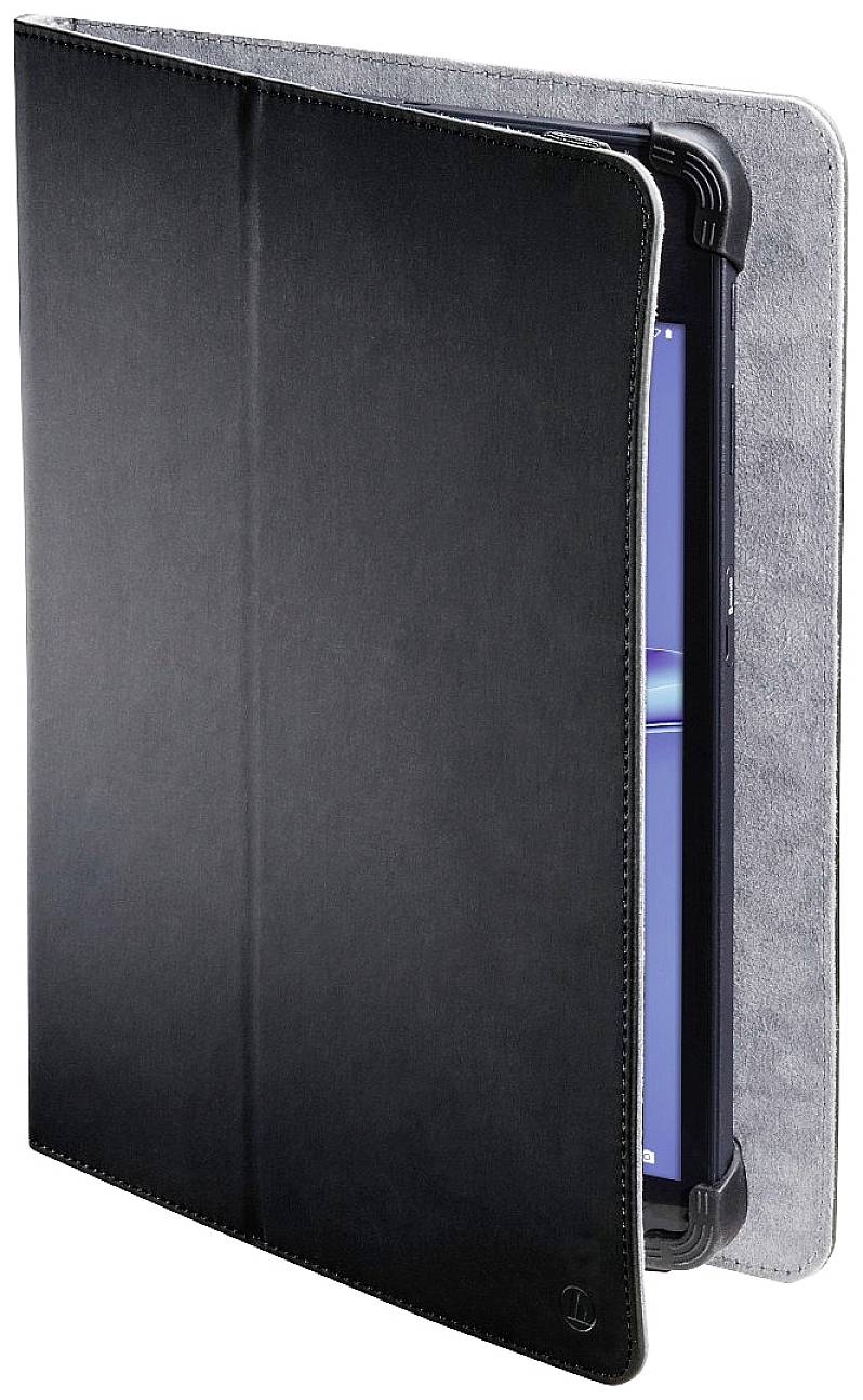 A black leather case protects a blue tablet, which is partially open and visible. The interior of the case is grey.