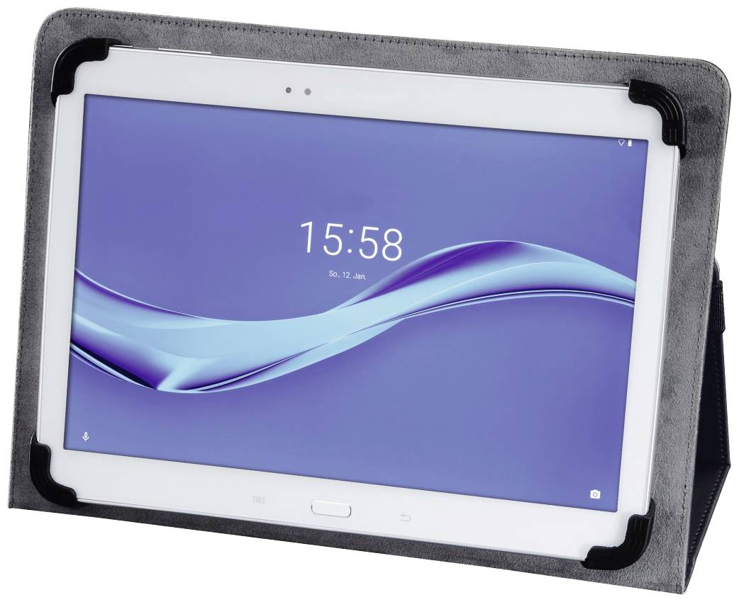 A tablet in a black case displays a blue screen showing the time '15:58'. The date on the display reads 'Sat, 12 Jan'.