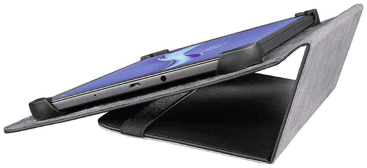 A tablet is positioned at an angle in a black, foldable protective case stand. The screen displays an abstract blue design.